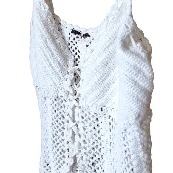 Y2K boho top loose knit lace-up white singlet size 10 - Picture 4 of 10